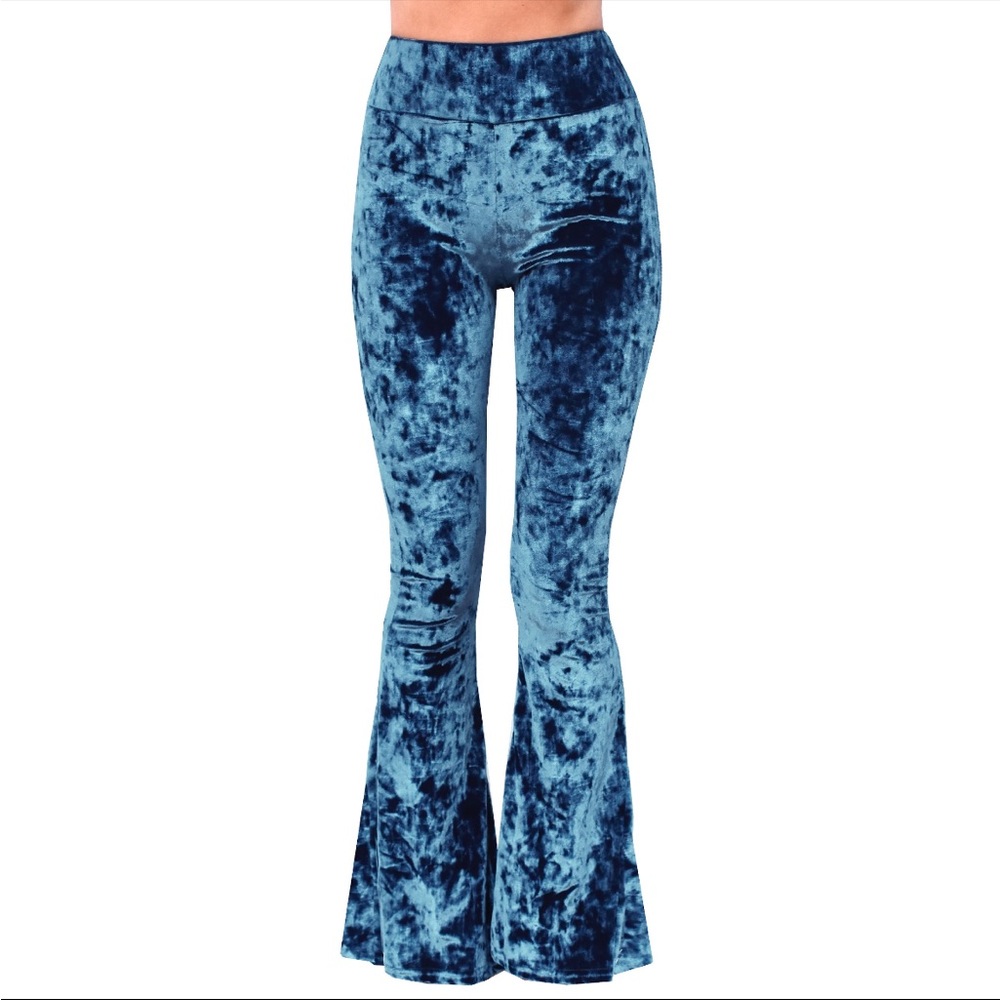 Indigo Crushed Velvet Bell Bottom Flare Pants